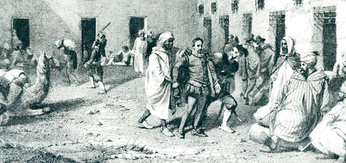 Imagen de Argel y de una reconstrucci&oacute;n del ba&ntilde;o del Rey. Aguafuerte de Vallejo titulada Vida ejemplar y heroica, de Miguel de Cervantes Saavedra.