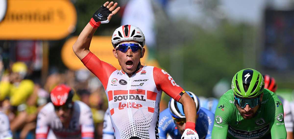 El ciclista australiano Caleb Ewan (c.), levanta su brazo derecho en se&ntilde;al de victoria por la obtenci&oacute;n del primer lugar en la etapa 16 del Tour de Francia.