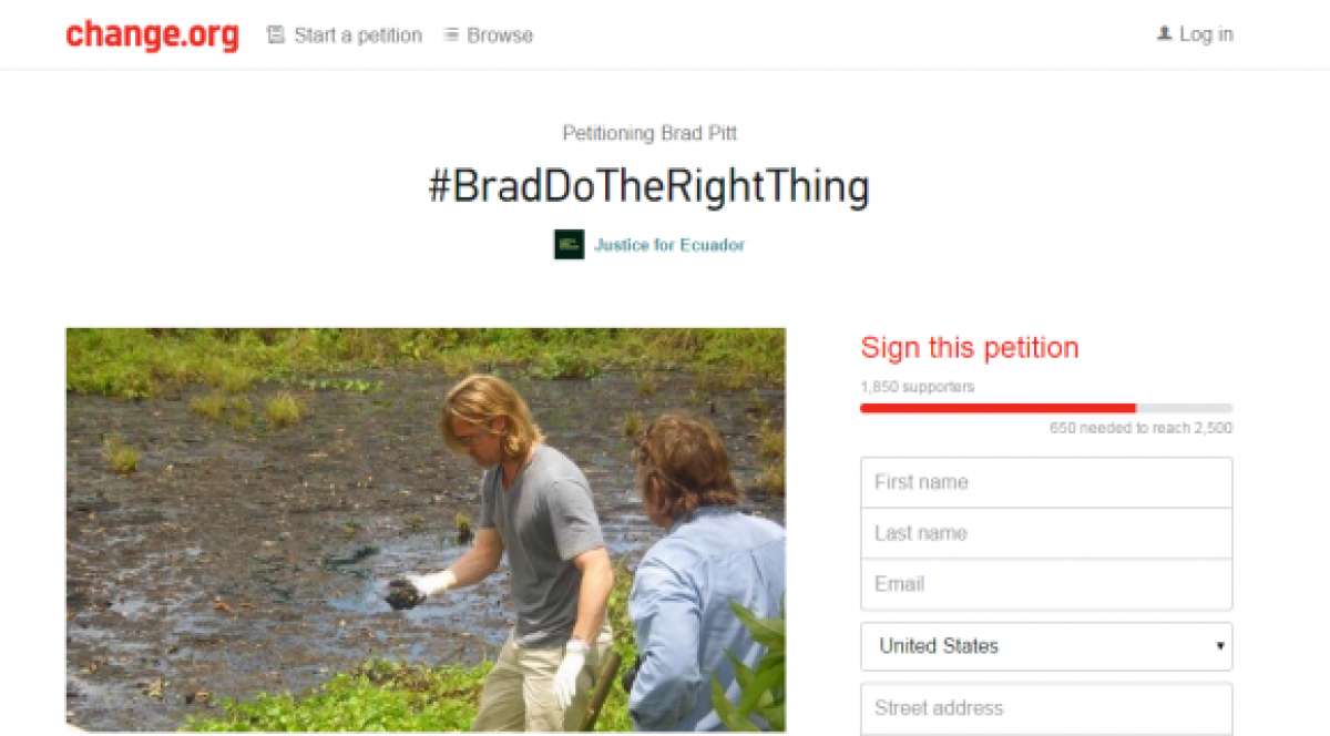 Ecuador emprende campa&ntilde;a y recolecta firmas para evitar que Brad Pitt filme pel&iacute;cula sobre Chevron