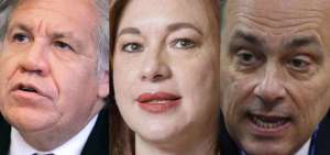 &rarr;Luis Almagro (i) y Mar&iacute;a Fernanda Espinosa no tienen el apoyo de sus pa&iacute;ses de origen, Uruguay y Ecuador, mientras que Hugo de Zela (d) s&iacute;. 