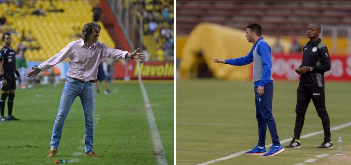 El DT uruguayo de Barcelona, Guillermo Almada, dirigiendo uno de los partidos en el estadio Monumental. Mariano Soso, DT de Emelec, da instrucciones a sus jugadores, en un encuentro en el estadio Ol&iacute;mpico Atahualpa.