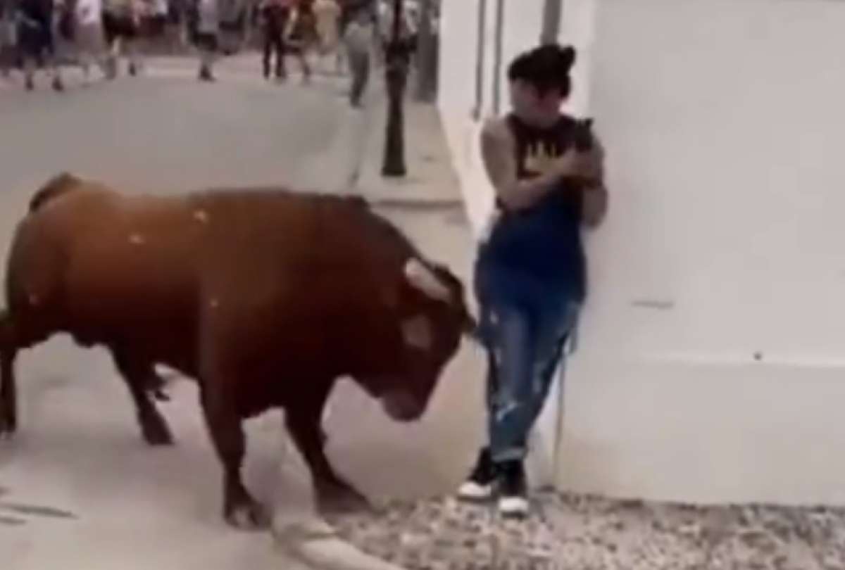 Luego de pasar a lado de ella, el toro resbala y se regresa a embestirla.