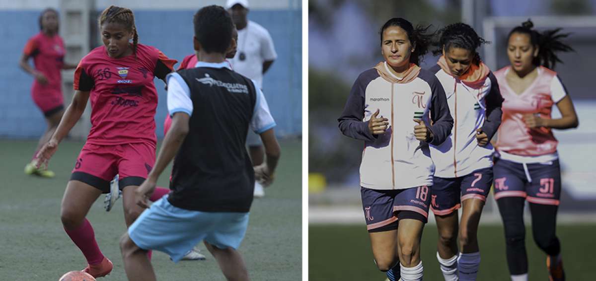 La defensa Anal&iacute;z Zambrano, controla el bal&oacute;n, ante la marca de un jugador de la escuela de f&uacute;tbol de la Federaci&oacute;n Deportiva del Guayas. La pr&aacute;ctica se realiz&oacute; en la cancha sint&eacute;tica ubicada detr&aacute;s del estadio Modelo. Las jugadoras de &Ntilde;a&ntilde;as Maryury S&aacute;nchez (18), Yosneidy Zambrano (7) y Allison Talavera (51) durante un entrenamiento en la Casa de la Selecci&oacute;n, antes del lance de vuelta por la final del campeonato nacional. 
