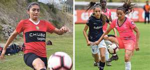 De izquierda a derecha: Madeleine Riera, jugadora del club &Ntilde;a&ntilde;as. Mientras que Maryuri S&aacute;nchez (de color rosado) goleadora del Deportivo Cuenca