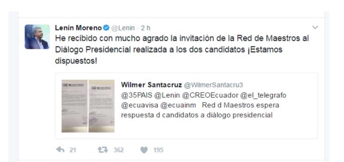 Moreno acepta "con mucho agrado" la invitaci&oacute;n al Di&aacute;logo Presidencial de la Red de Maestros