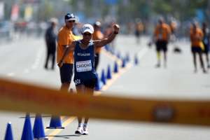 Christian Andr&eacute;s Chocho Le&oacute;n arriba a la meta de los 50 kil&oacute;metros marcha de los Juegos Panamericanos. Foto: Cortes&iacute;a