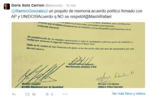 Captura de pantalla de la cuenta de Twitter de la secretaria ejecutiva de Alianza PAIS, Doris Soliz. 