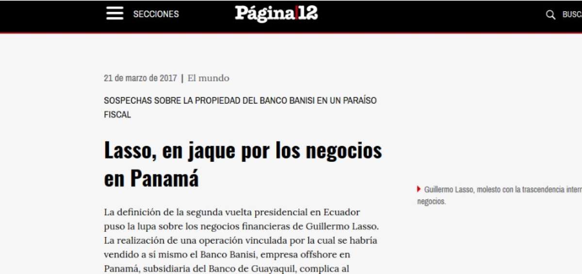Diario argentino revela que Lasso se habr&iacute;a vendido un banco a s&iacute; mismo