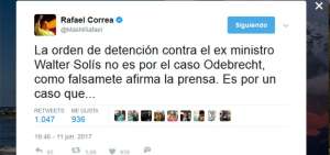 Correa aclara que orden de detenci&oacute;n contra Sol&iacute;s no es por caso Odebrecht