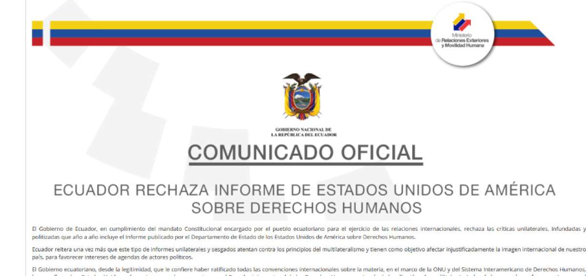 Ecuador rechaza informe de Estados Unidos sobre Derechos Humanos
