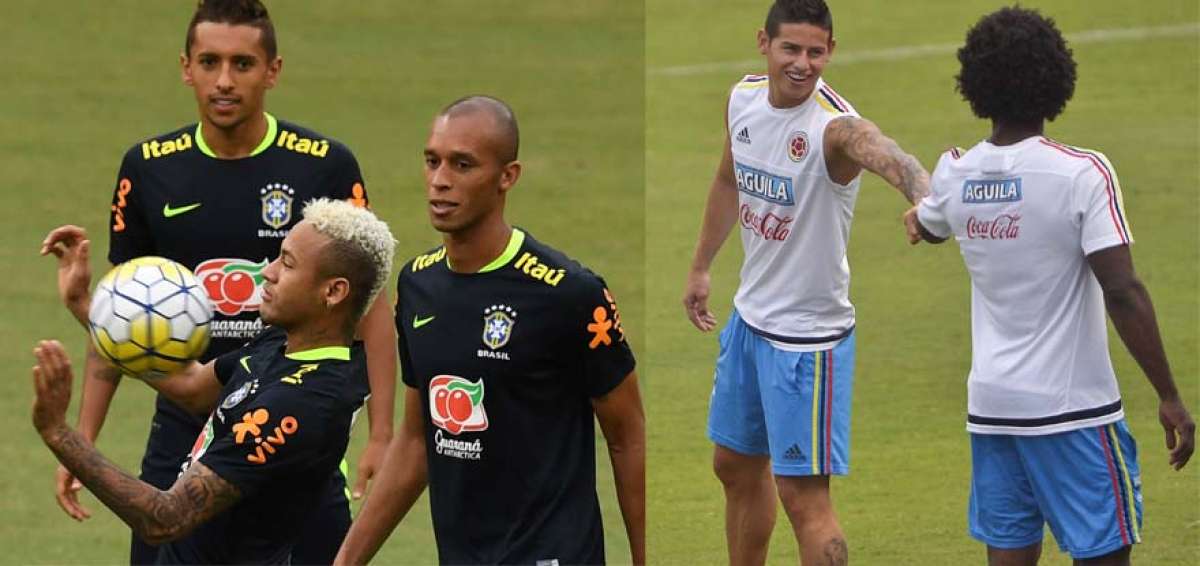 Neymar (con el bal&oacute;n) liderar&aacute; la delantera de Brasil, tal como lo hizo el jueves pasado ante Ecuador. James Rodr&iacute;guez (der.) es uno de los referentes de la selecci&oacute;n colombiana.   