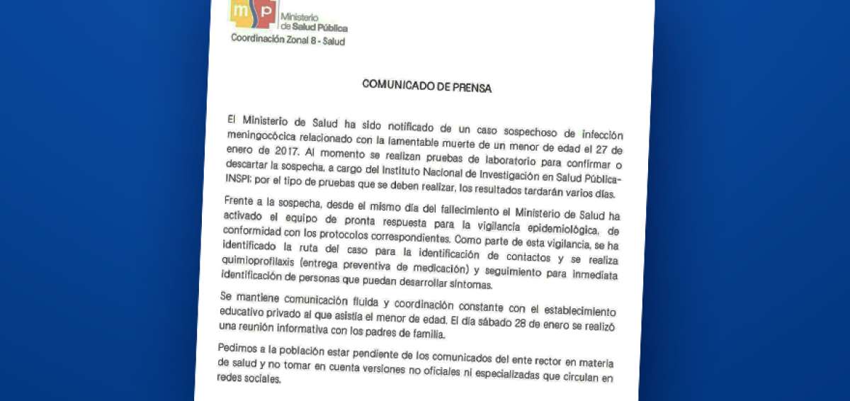 MSP investiga muerte de menor en Guayaquil por posible infecci&oacute;n meningoc&oacute;cica