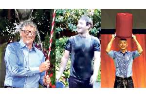 Bill Gates (de izq. a der.), Mark Zuckerberg y Jeff Bezos se retaron la semana anterior para echarse una cubeta de agua helada para reacaudar fondos. Fotos: Capturas de YouTube