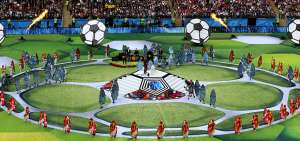 Un grupo de bailarines realiza un n&uacute;mero en el estadio de Luzhniki.