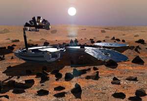 Una ilustraci&oacute;n de mayo de 2002 simula la sonda Beagle 2 sobre la superficie de Marte. Foto: AFP