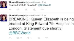 Captura de pantalla de los tuits de la periodista de la BBC que alertaba sobre la muerte de la Reina Isabel.