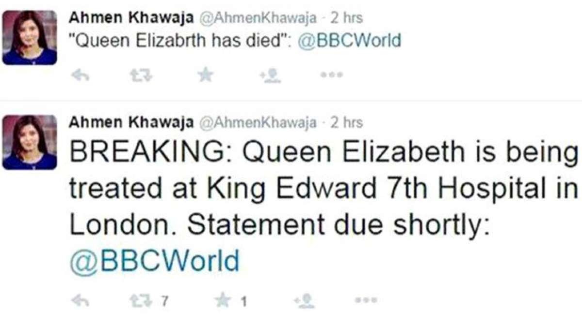 Captura de pantalla de los tuits de la periodista de la BBC que alertaba sobre la muerte de la Reina Isabel.
