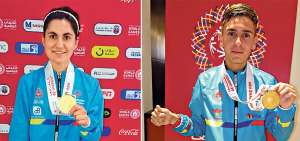 Bernarda Cristina Aguirre muestra la medalla de oro que obtuvo en los 50 metros estilo mariposa. El atleta Jos&eacute; Gabriel Palacios festeja su triunfo en la competencia de 5.000 metros planos.