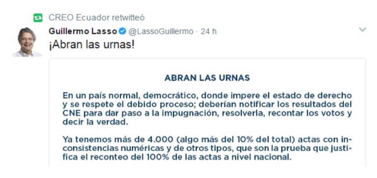 Lasso exige abrir urnas para recuento del 100% de actas a nivel nacional