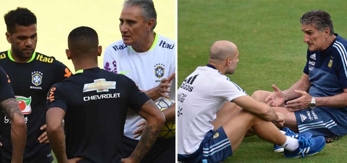 Tite (izq.), de Brasil, y Edgardo Bauza, de Argentina, conversan con sus jugadores un d&iacute;a antes del encuentro.