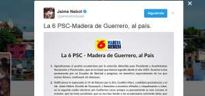 El alcalde de Guayaquil, Jaime Nebot, public&oacute; en su cuenta de Twitter los resultados de la reuni&oacute;n del directorio del PSC y Madera de Guerrero. 