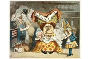 Ilustraci&oacute;n del libro. La obra est&aacute; llena de alusiones sat&iacute;ricas a los amigos de Carroll, a la estricta educaci&oacute;n inglesa y a temas pol&iacute;ticos y sociales de la &eacute;poca.