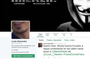 Cuando un usuario intenta leer la cuenta de Twitter de Fernando Cordero se observa que la cuenta ha sido pirateada con informaci&oacute;n de otra persona. Foto: Captura de pantalla de Twitter 