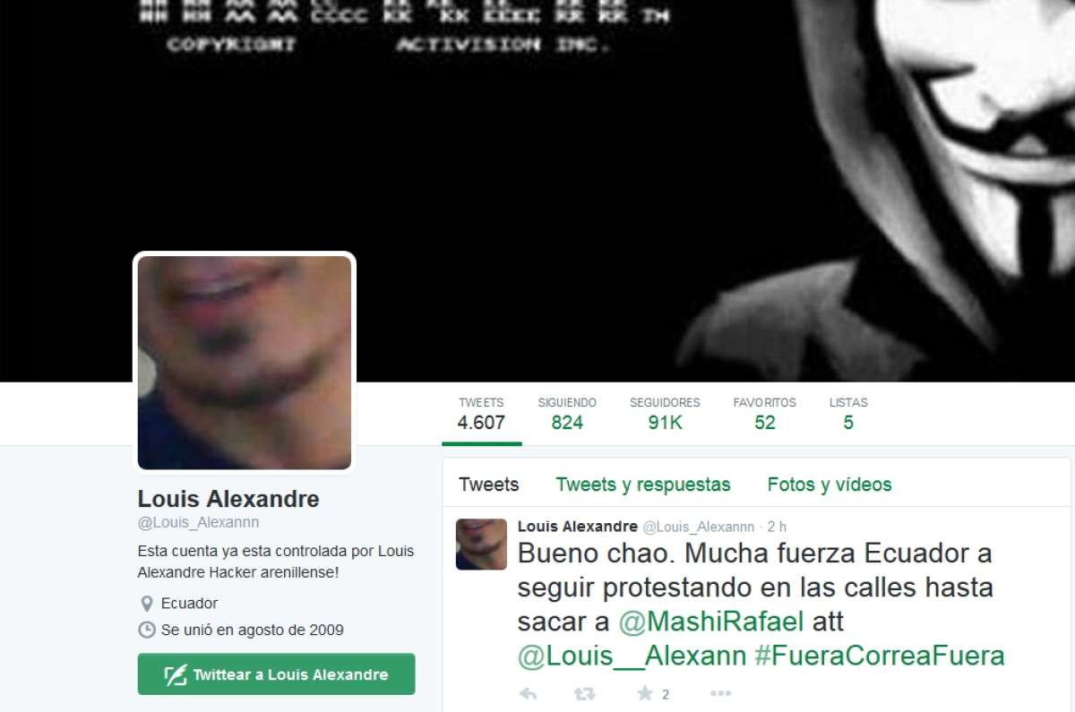 Cuando un usuario intenta leer la cuenta de Twitter de Fernando Cordero se observa que la cuenta ha sido pirateada con informaci&oacute;n de otra persona. Foto: Captura de pantalla de Twitter 