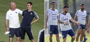 El franc&eacute;s Antoine Griezmann (der.) ser&aacute; el referente de ataque de la selecci&oacute;n gala en el partido de hoy ante Argentina. En la foto derecha, los argentinos depositan sus esperanzas en Lionel Messi, quien ser&aacute; el encargado de conducir el medio campo albiceleste. 