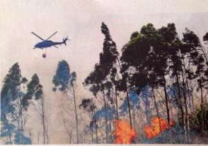 Personal de las Fuerzas Armadas ayuda a controlar el incendio con la ayuda de un helic&oacute;ptero con un dispositivo bambi bucket para lanzar agua desde el aire. Foto. Cortes&iacute;a Fuerzas Armadas