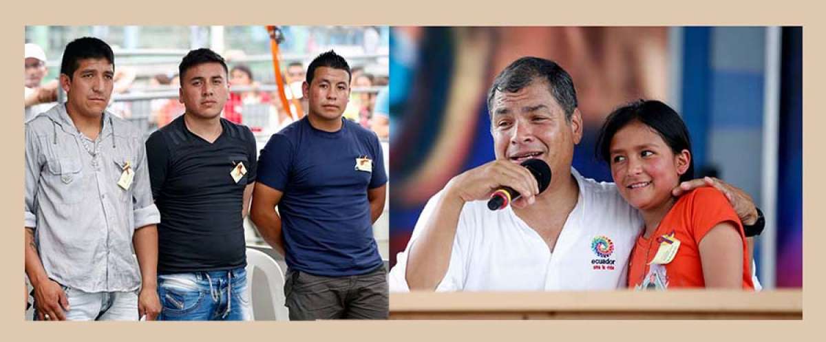 Presidente otorg&oacute; indulto a (de izq. a dere.) Fabio Guzm&aacute;n, Roberth Potos&iacute; Rojas y Edison Ibaquimgo Taimbu. El mandatario abrazado de Yiza Guzm&aacute;n. FOTOS: Tomadas de Flickr Presidencia 