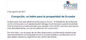 El Comit&eacute; Empresarial Ecuatoriano pide transparencia en investigaciones de corrupci&oacute;n