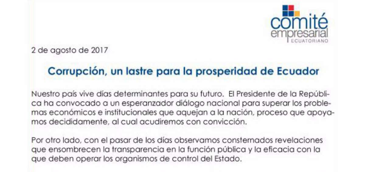 El Comit&eacute; Empresarial Ecuatoriano pide transparencia en investigaciones de corrupci&oacute;n