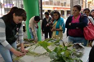 A la entrada de la iglesia Santo Domingo, funcionarios del MAE realizan demostraciones del tejido de ramos con materiales alternativos. Fotos: Roberto Ch&aacute;vez |  El Tel&eacute;grafo