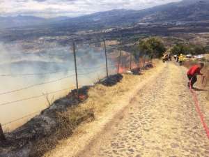 Alrededor de 50 agentes del Cuerpo de Bomberos de Quito tratan de sofocar las llamas en el Cerro Ilal&oacute;. Fotos: Cortes&iacute;a