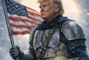 La imagen muestra a Trump con est&eacute;tica inspirada en &ldquo;The Mandalorian&rdquo; junto a Grogu.