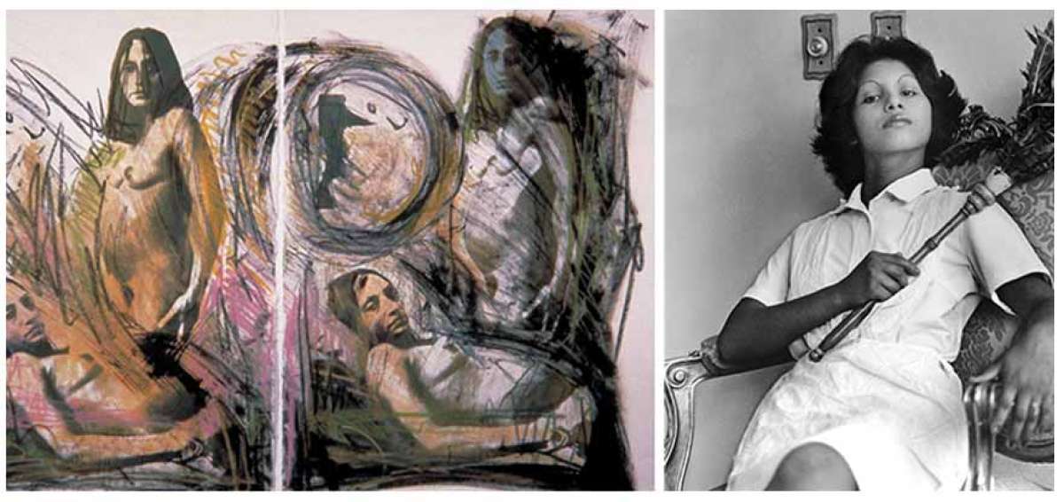 Waiting, obra de 1982 de la artista brasile&ntilde;a Josely Carvalho, quien vive y trabaja entre Nueva Yory y R&iacute;o de Janeiro. Derecha: Edita (la del plumero) es una obra de 1977 de la artista Sandra Eleta, una fot&oacute;grafa y realizadora audiovisual paname&ntilde;a que naci&oacute; en 1942.