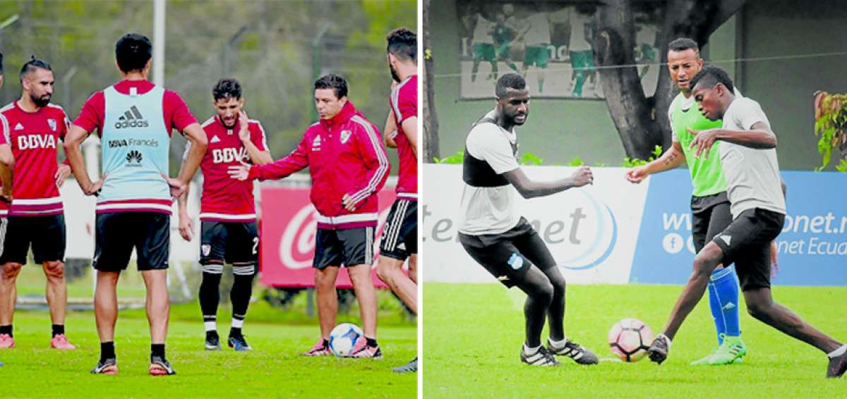 Foto izquierda: Marcelo Gallardo (d), director t&eacute;cnico de River Plate, dialoga con el grupo de jugadores, durante la &uacute;ltima pr&aacute;ctica, antes de enfrentar a Emelec en el Monumental. Foto derecha: Pedro Qui&ntilde;&oacute;nez (verde) observa una jugada entre el peruano Christian Ramos y Segundo Portocarrero, en la &uacute;ltima pr&aacute;ctica que realiz&oacute; Emelec en su complejo de Samanes.