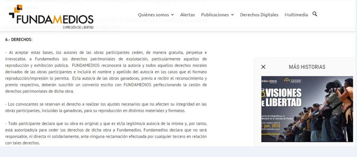 Captura de pantalla de uno de los aparatados de la base del concurso que impulsa Fundamedios, que luego fue borrado de la p&aacute;gina web. 