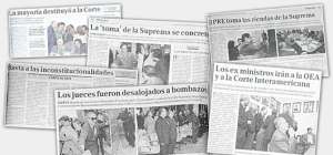 Facs&iacute;miles de las portadas y notas de c&oacute;mo recogi&oacute; la prensa, hace 10 a&ntilde;os, la remoci&oacute;n de la CSJ, TC y TSE, lo que puso en peligro la institucionalidad del Ecuador. Foto: Cortes&iacute;a