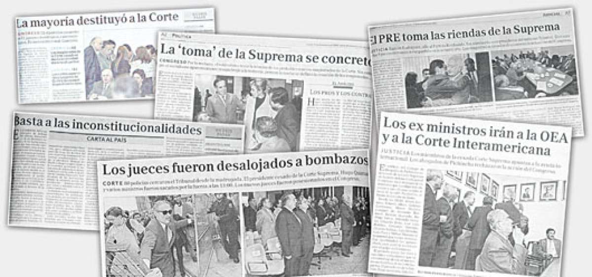 Facs&iacute;miles de las portadas y notas de c&oacute;mo recogi&oacute; la prensa, hace 10 a&ntilde;os, la remoci&oacute;n de la CSJ, TC y TSE, lo que puso en peligro la institucionalidad del Ecuador. Foto: Cortes&iacute;a
