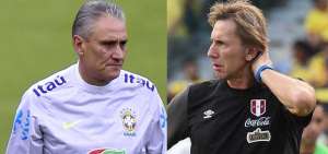 Tite, DT de la selecci&oacute;n de Brasil y Ricardo Gareca DT de la selecci&oacute;n de Per&uacute;