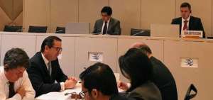 El ministro de Comercio Exterior, Juan Carlos Cassinelli, durante su explicaci&oacute;n en la OMC.