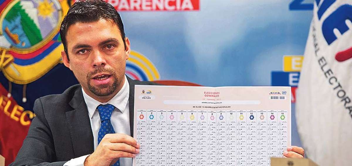 El presidente del CNE, Juan Pablo Pozo, exhibe el modelo de papeleta que ser&aacute; impreso por el IGM.