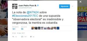 Titular del CNE rechaza versi&oacute;n de "observadora independiente" en comicios de Ecuador