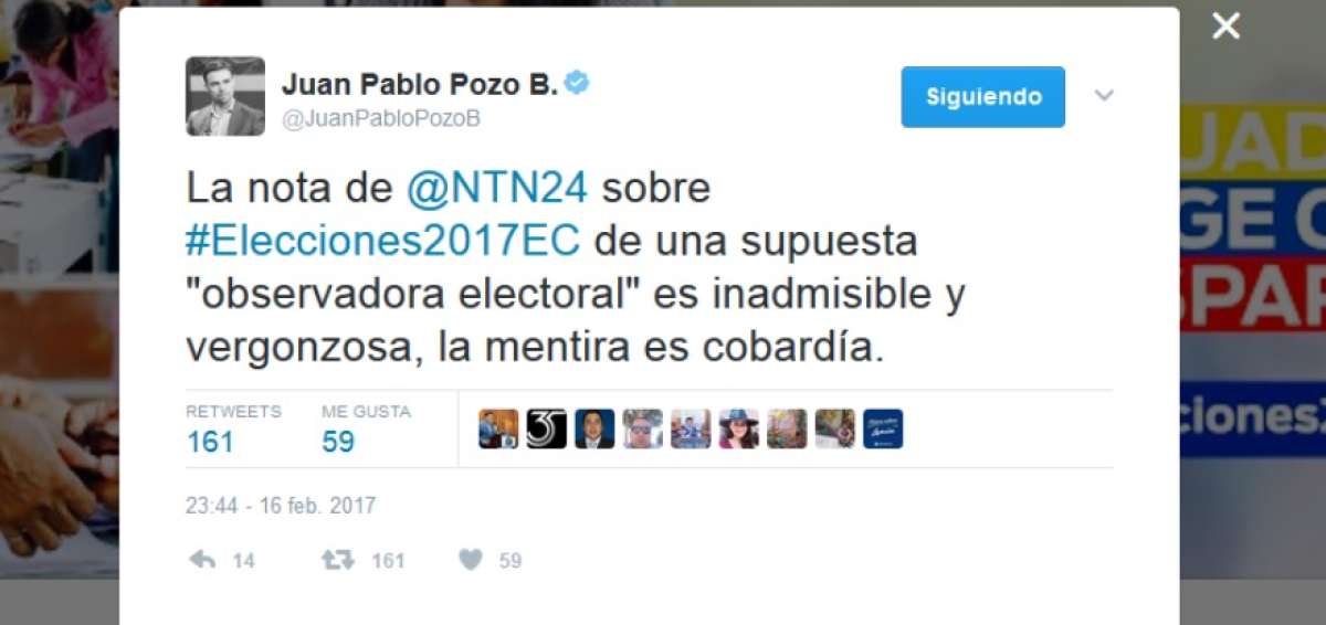 Titular del CNE rechaza versi&oacute;n de "observadora independiente" en comicios de Ecuador