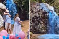 Tiñen de azul el agua de una cascada en revelación del sexo de un bebé