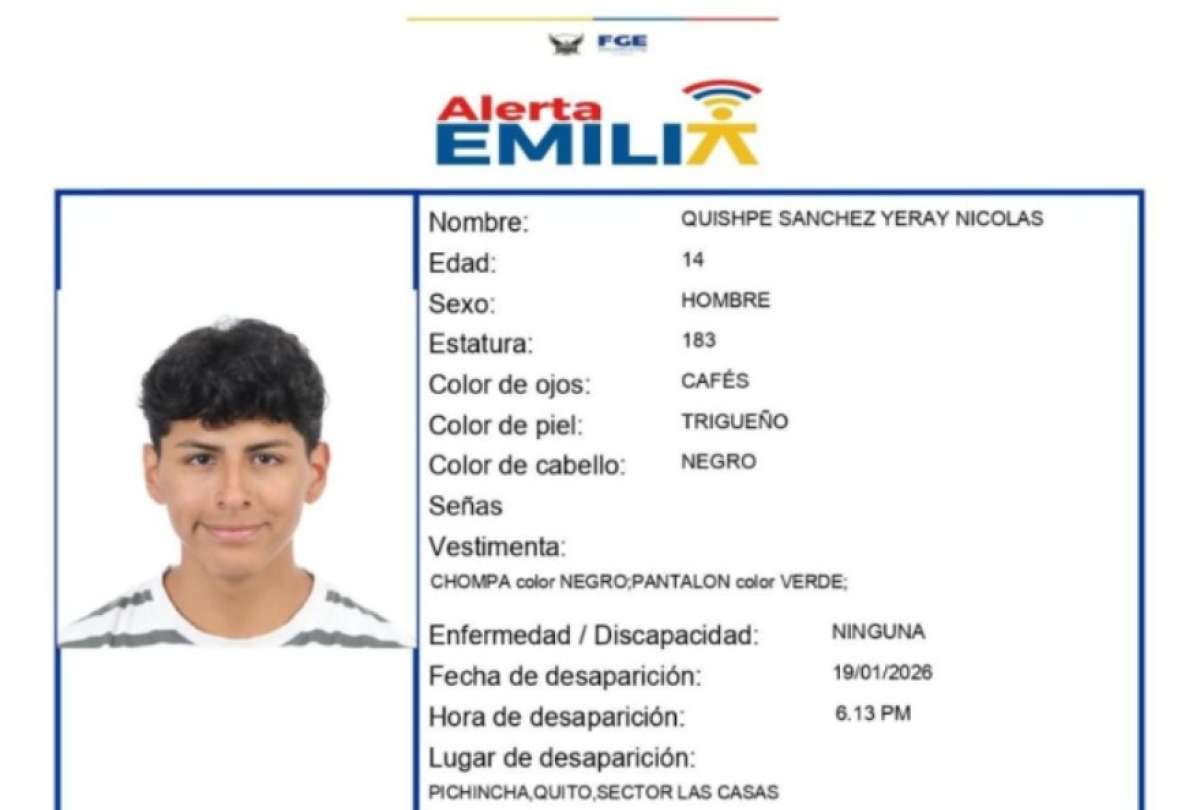 El adolescente Vest&iacute;a una chompa negra y un pantal&oacute;n verde al momento de su desaparici&oacute;n.