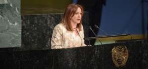La ministra de Exteriores de Ecuador, Mar&iacute;a Fernanda Espinosa, durante su discurso, en la sede de las Naciones Unidas en Nueva York.