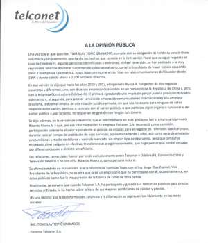 Telconet aclara que en contrato con Odebrecht no hubo participaci&oacute;n estatal